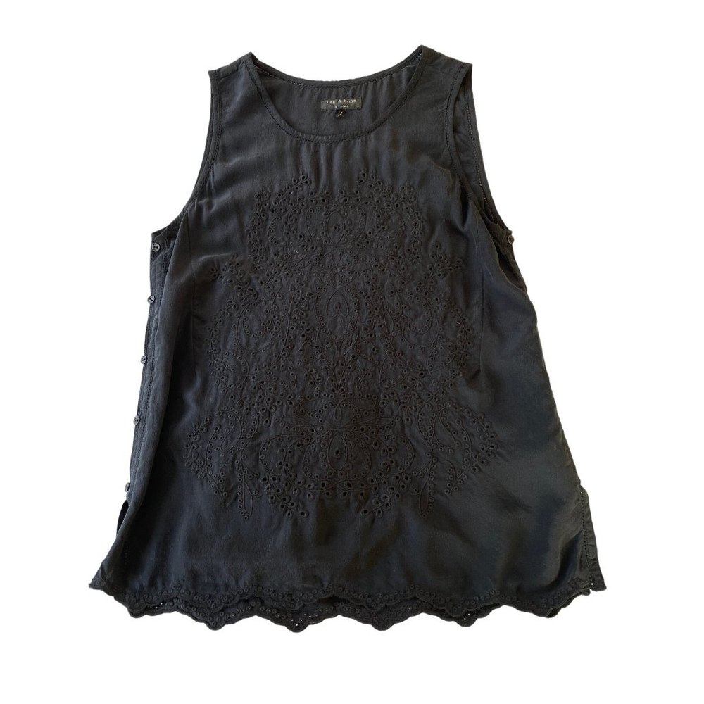 rag & bone Black Silk Eyelet Camisole Blouse Sleeveless Top Side Buttons XS/S - Picture 11 of 13